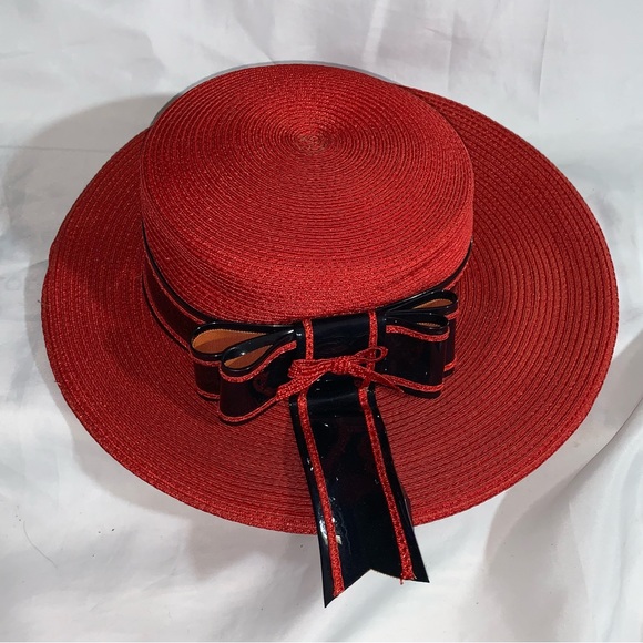 VINTAGE red straw/silk Delia hat SAINT LAURENT PARIS patent leather & silk trim - Picture 7 of 14
